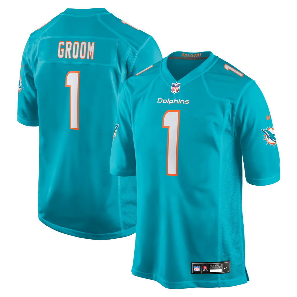 Miami Dolphins Number 1 Groom Nike Game Jersey - Aqua