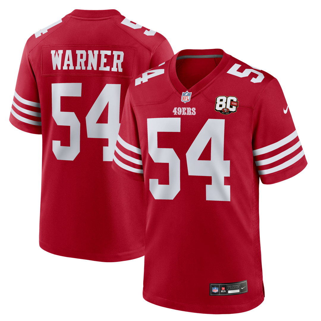 San Francisco 49ers Fred Warner Nike 80th Anniversary Game Jersey - Scarlet